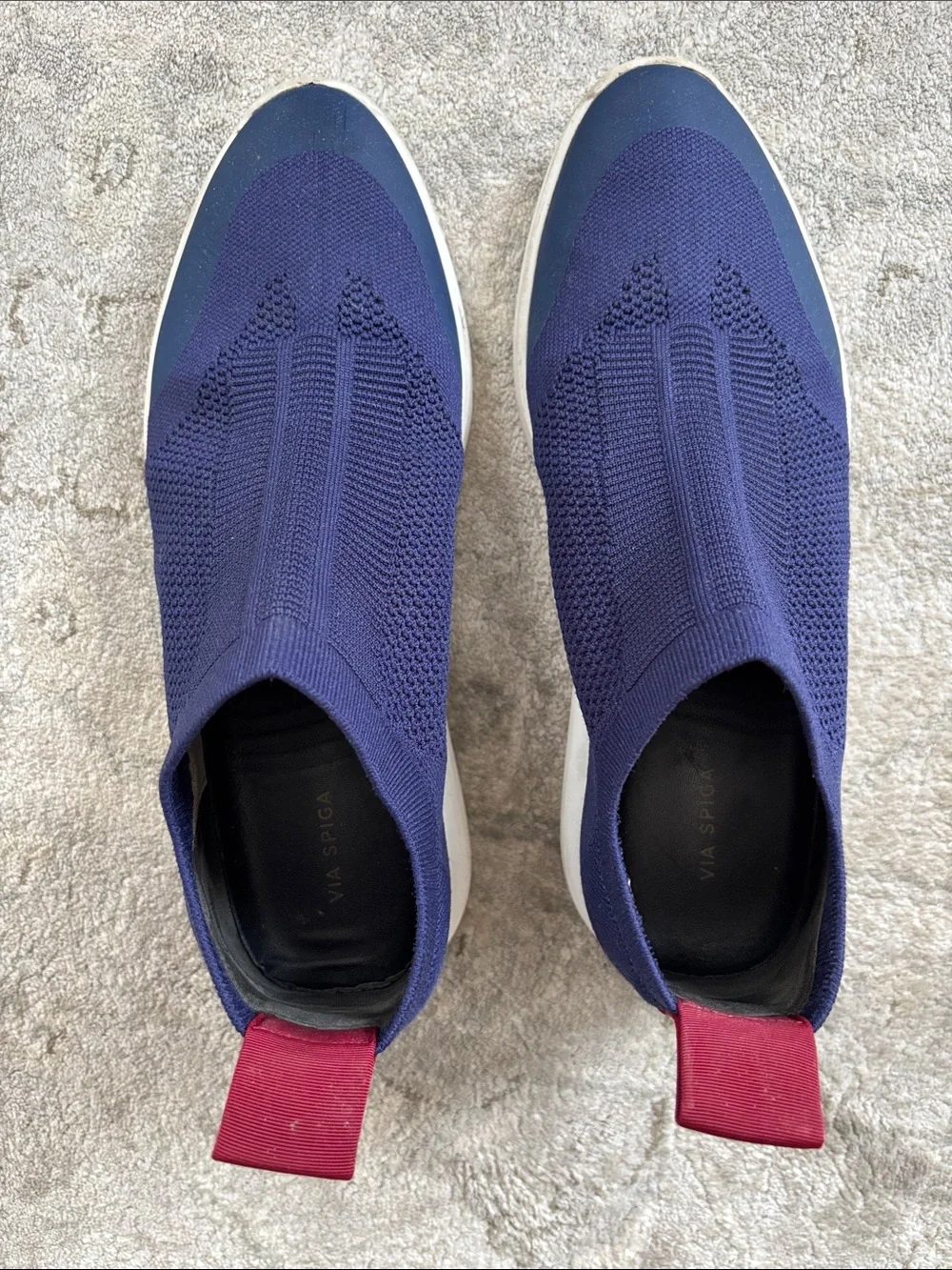 Via Spiga Slip-On Knit Sneakers in Navy with Maroon Pull Tab